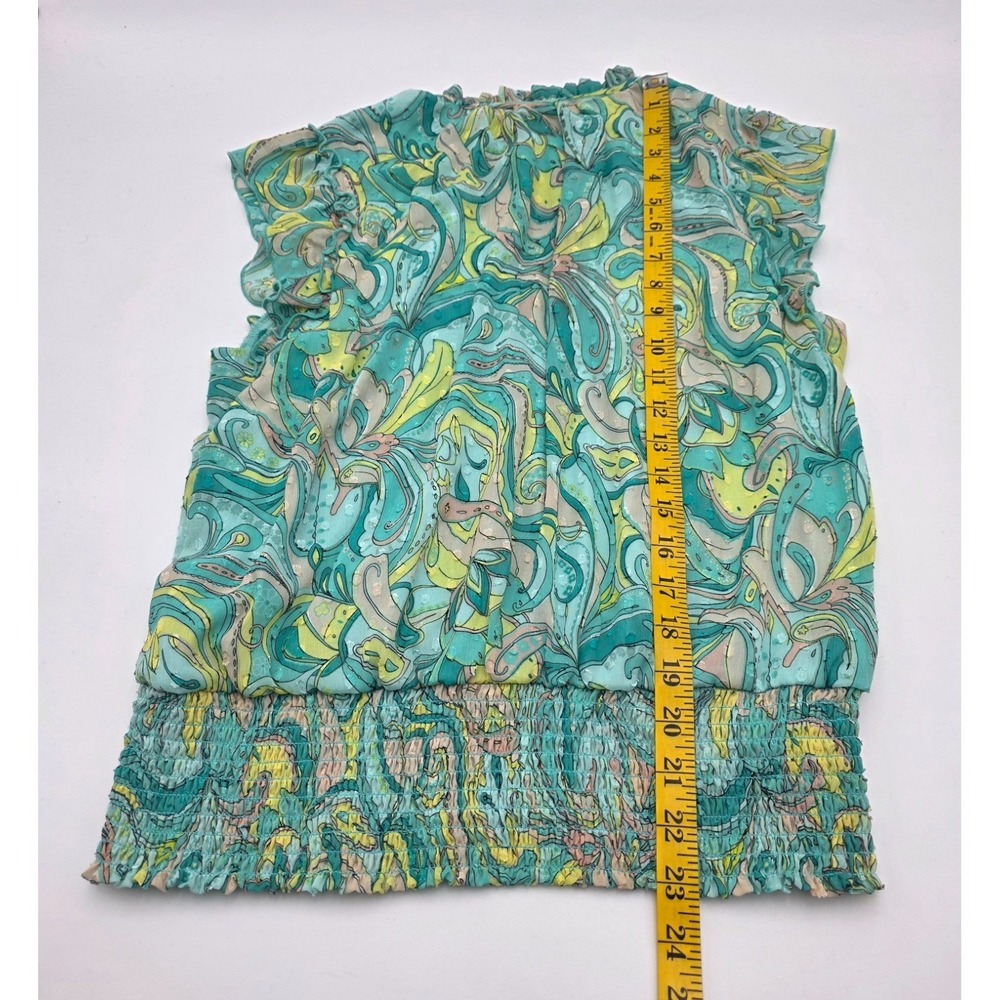 Tamara H Womens Paisley Clip Dot Blouse Smocked Hem Ruffle Neck Turquoise Large - Picture 4 of 10
